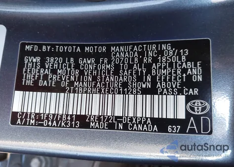 2014 Toyota Corolla Le Eco Plus from USA, damaged, VIN 2T1BPRHEXEC011285